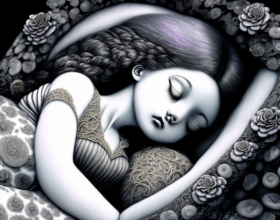 Monochromatic illustration of sleeping girl with floral patterns