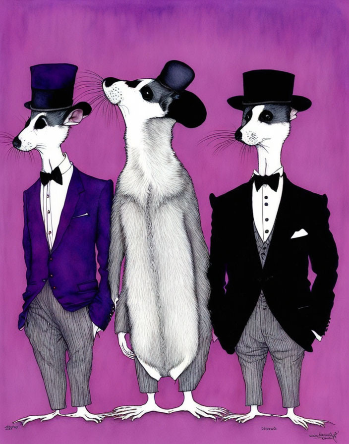 Anthropomorphic rats in formal attire on purple background