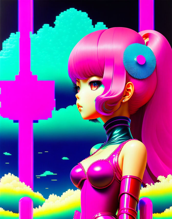 Digital artwork: Pink-haired female in futuristic outfit on neon-lit, pixelated background