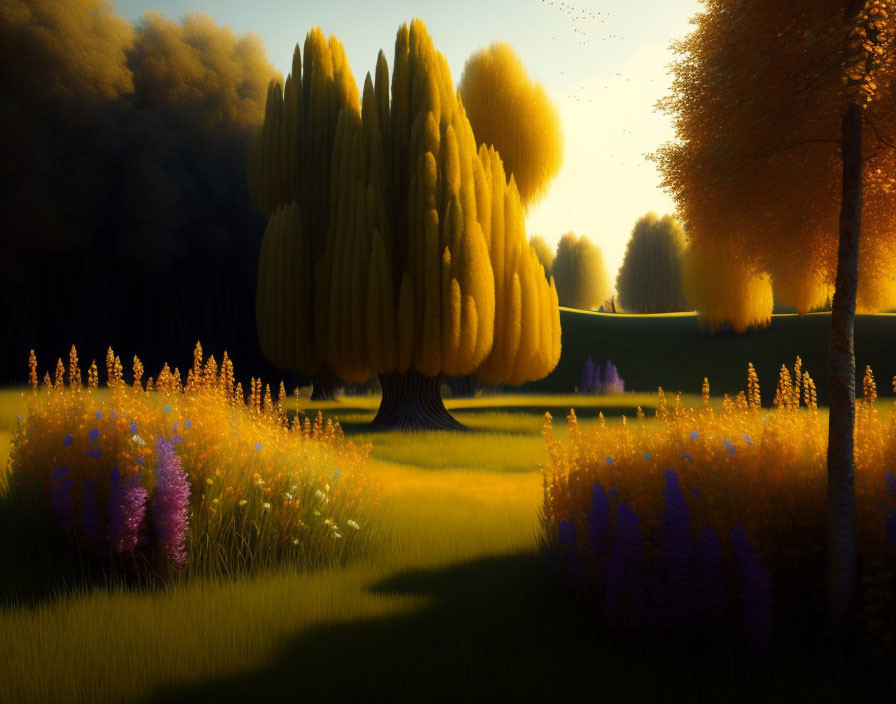 Tranquil Dusk Landscape with Purple Flowers and Golden Trees