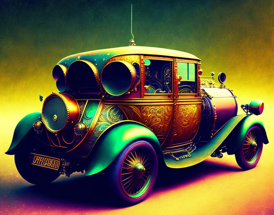 Colorful vintage car image with teal to golden gradient and intricate patterns