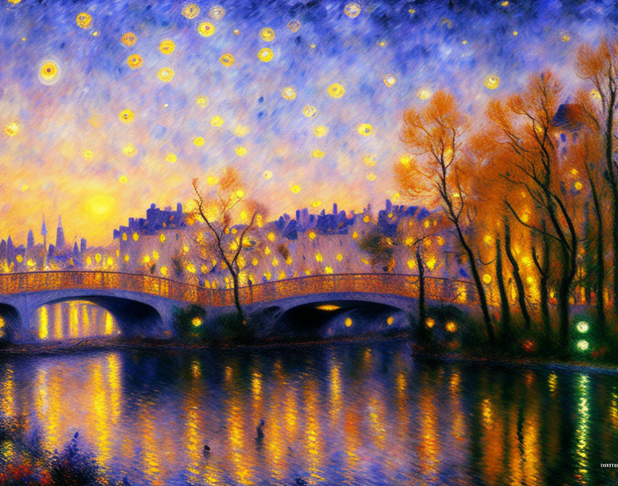 Impressionistic painting of starry night over river and cityscape