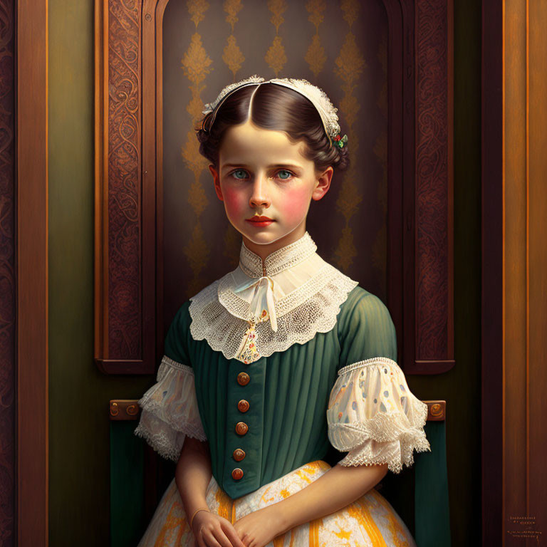 Young girl in vintage green and yellow dress before ornate wooden doors