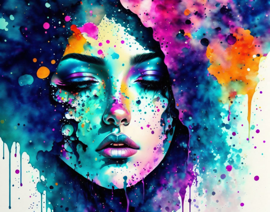 Colorful Abstract Artwork: Woman's Face in Cosmic Splash