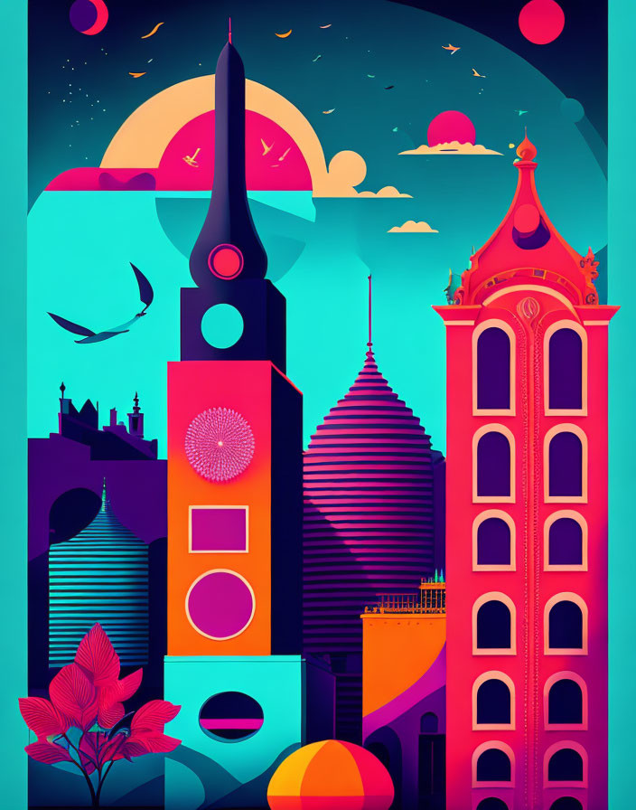 Colorful surreal cityscape with eclectic buildings and yellow sun