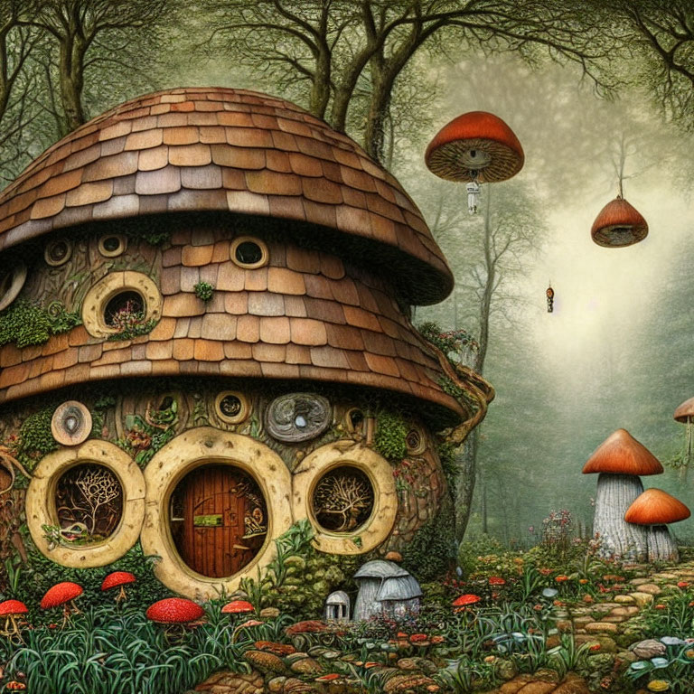 Enchanted forest with whimsical mushroom house and floating lanterns