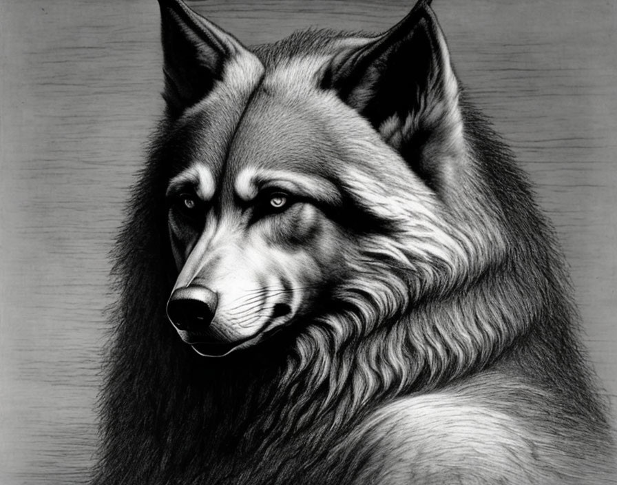 Detailed black and white pencil drawing of a lifelike wolf with textured fur