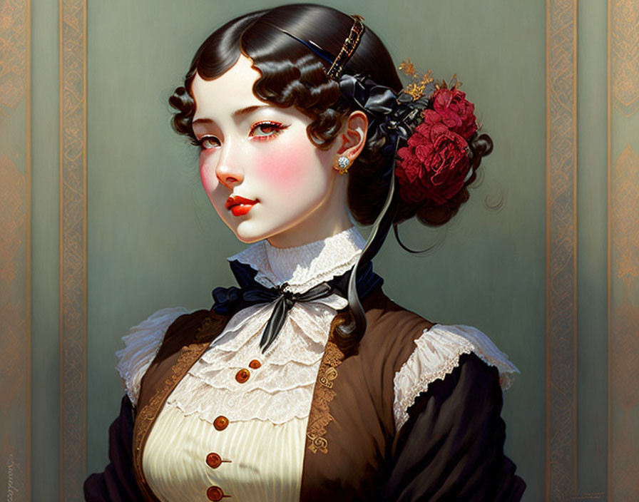 Victorian-era woman illustration with red flower accessory