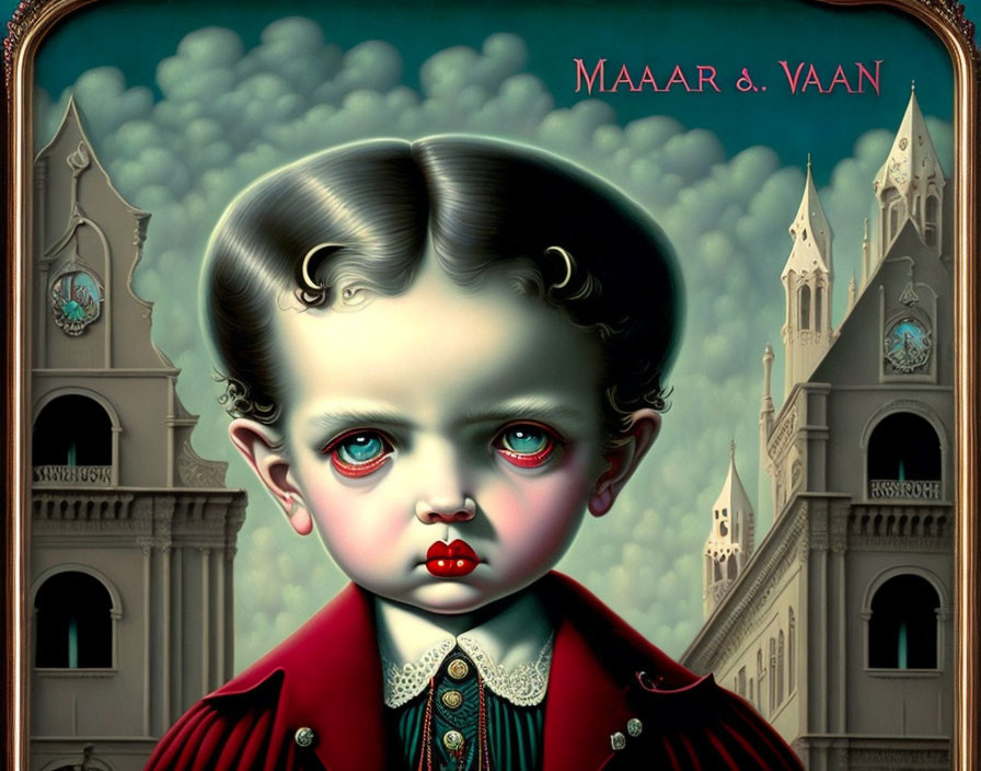 Surreal child portrait with large eyes and red lips in red coat on Gothic background