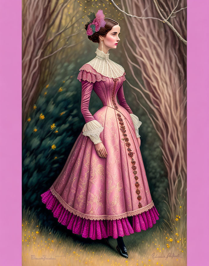 Victorian lady in pink and purple gown against forest backdrop