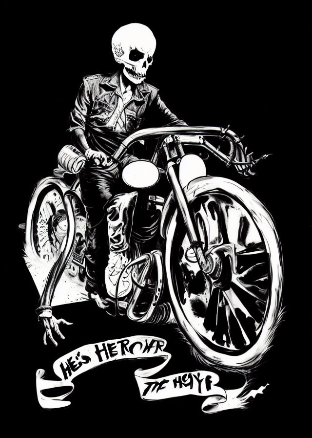 Skeletal figure in leather jacket on vintage motorcycle with text "CHE'S HECTOR THE HORR