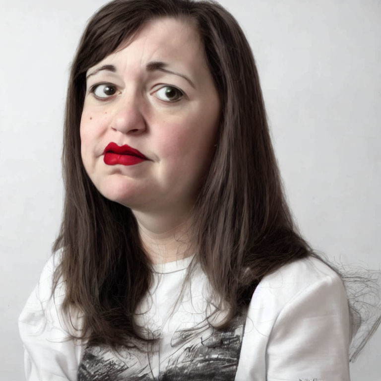 Portrait of Woman with Medium-length Brown Hair and Red Lipstick Displaying Skeptical Expression