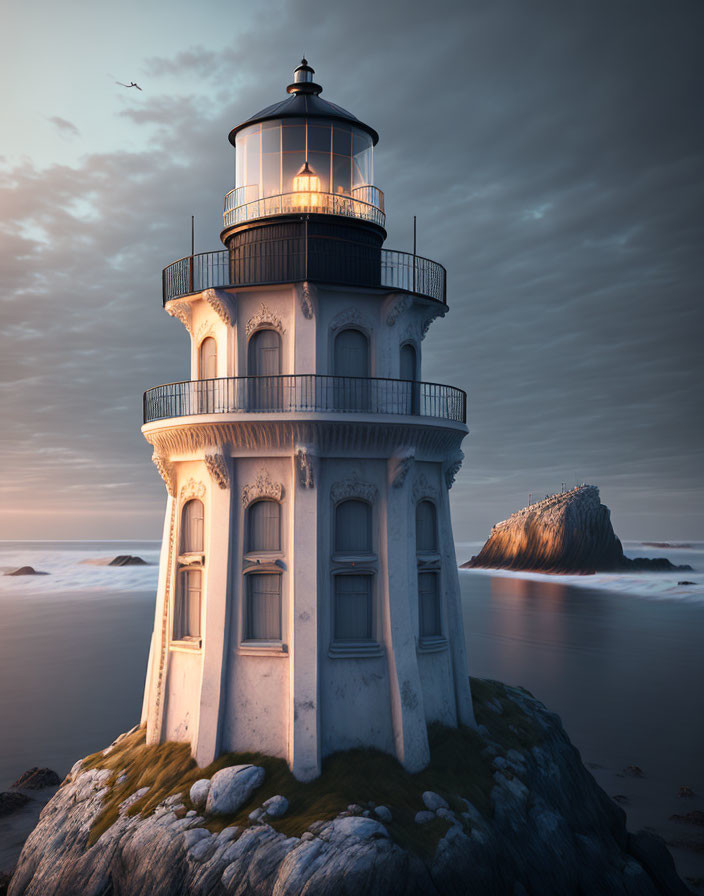 Lighthouse on rocky outcrop at dusk with bird flying overhead