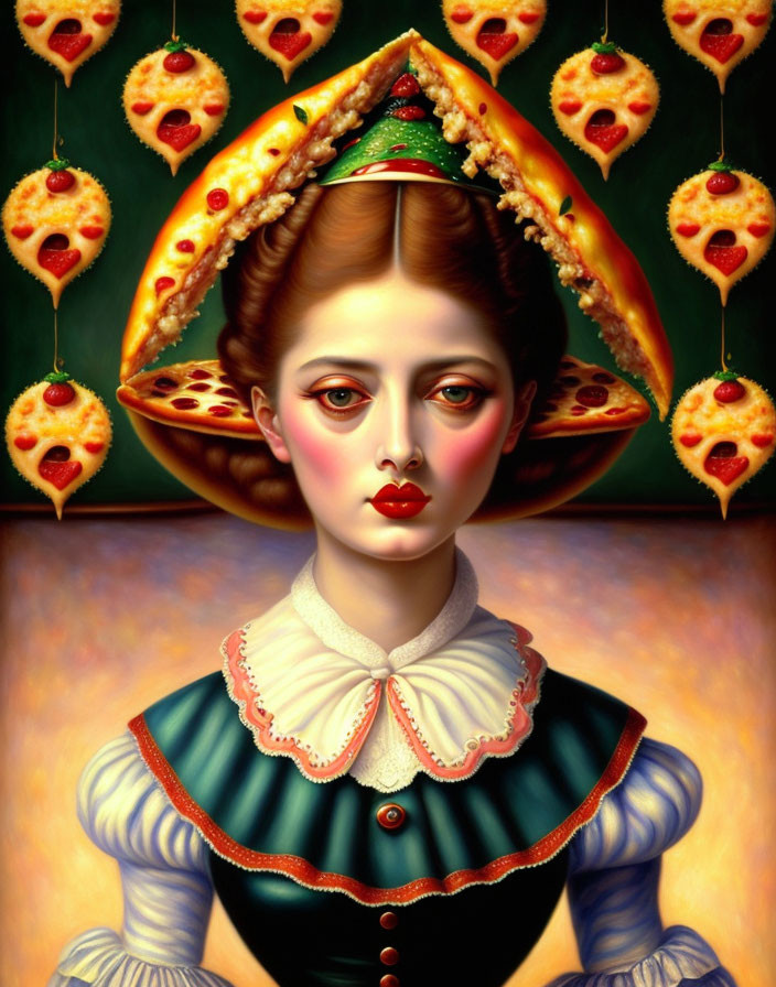 Surreal portrait: Woman with triangular pizza slice headdress and floating heart-shaped slices on dark green