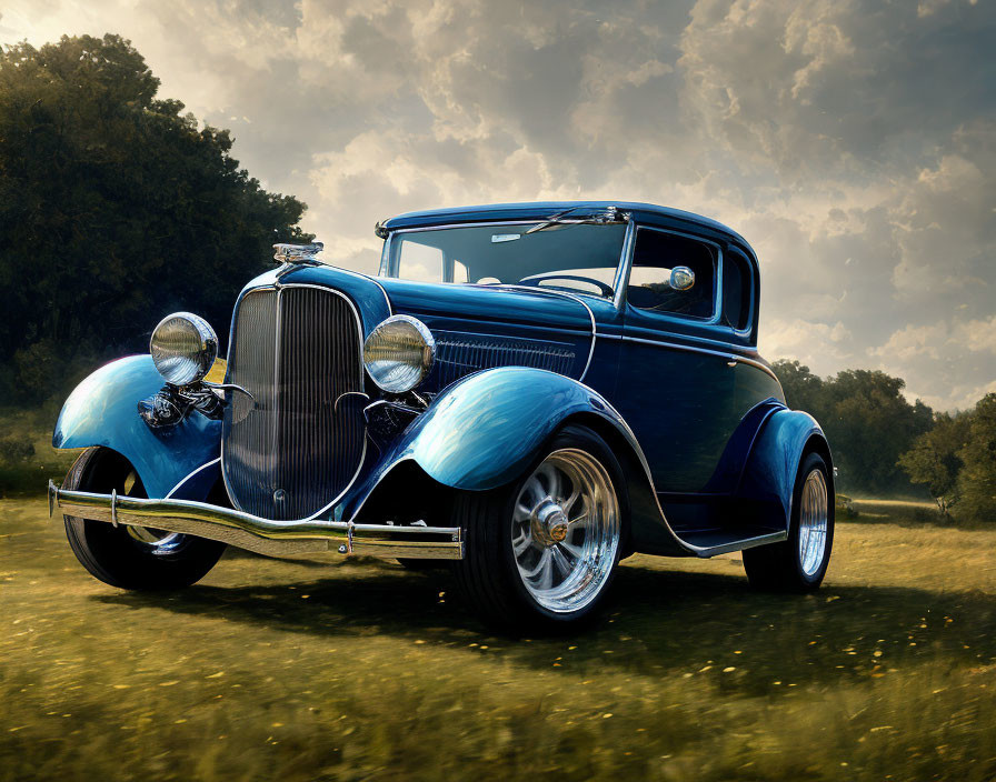 Classic Blue Car with Chrome Accents in Grassy Field under Cloudy Sky