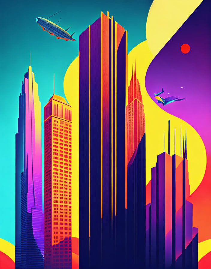 Colorful skyscrapers, spaceship, cosmic whales, and purple planet in stylized image