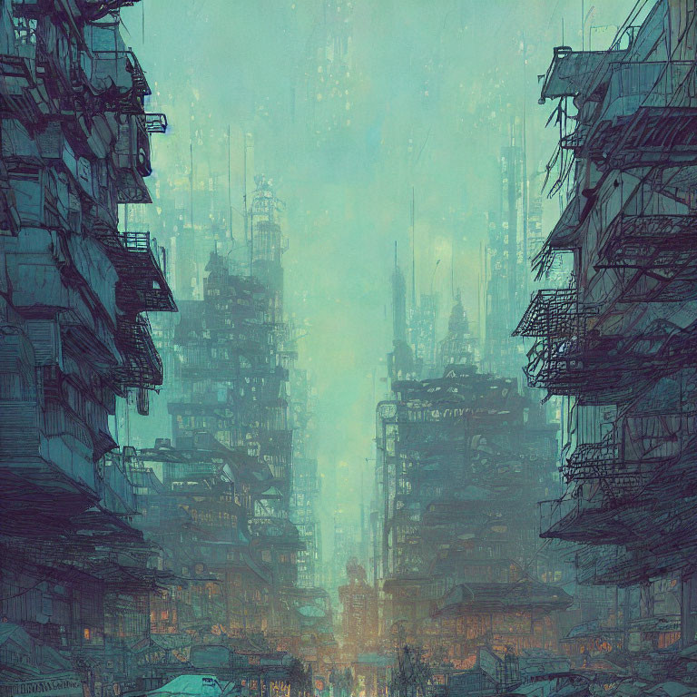 Dystopian futuristic cityscape with towering buildings under hazy blue sky