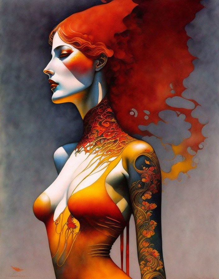 Detailed artwork: Woman with red hair, ornate tattoos, fiery design.