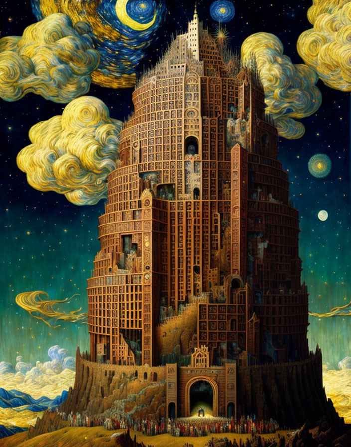 Illustration of ornate tower on rocky outcrop under swirling night sky