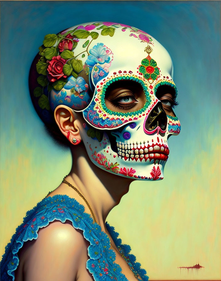 Colorful Day of the Dead sugar skull makeup on a woman in blue attire