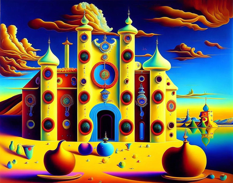 Surrealist painting: Vibrant architecture against blue sky