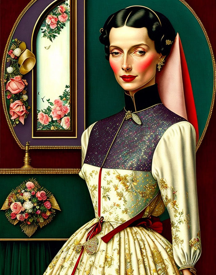 Stylized portrait of woman in vintage floral dress and high collar against floral mirror backdrop