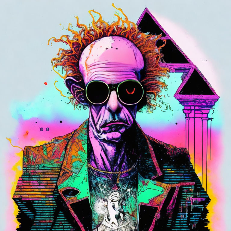 Colorful illustration of man with orange hair, sunglasses, suit, geometric shapes, and column.