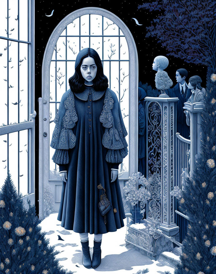 Detailed Woman in Coat Stands at Gate in Blue-Toned Illustration