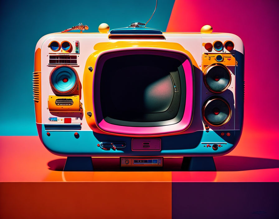 Colorful Retro-Style Television on Pink and Teal Gradient Background