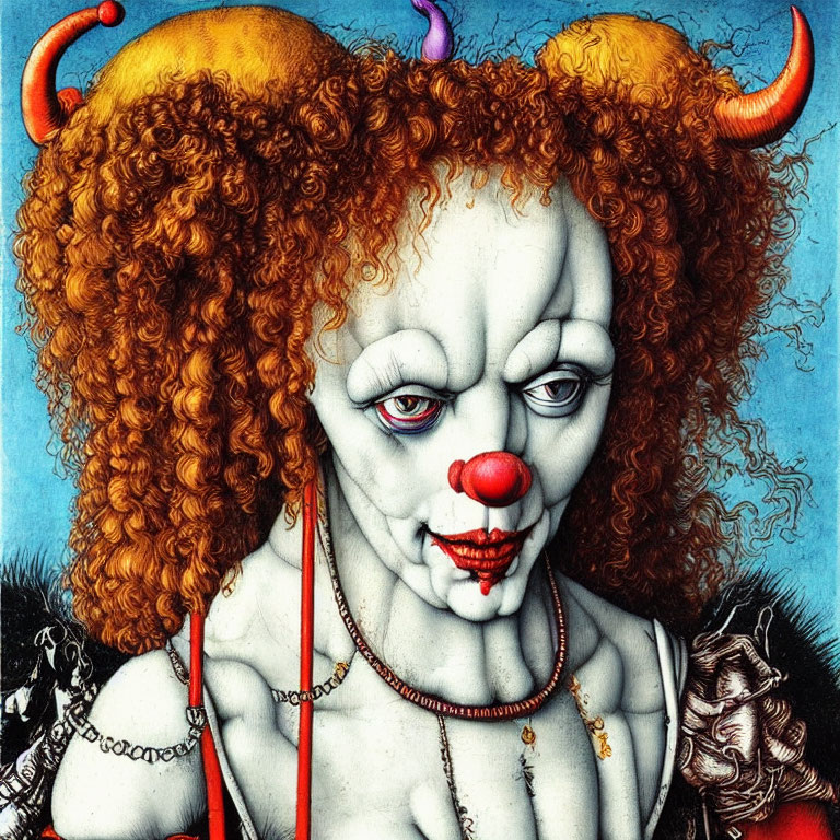 Detailed illustration of a clown with blue eyes, red curly hair, horned headpiece, and intricate