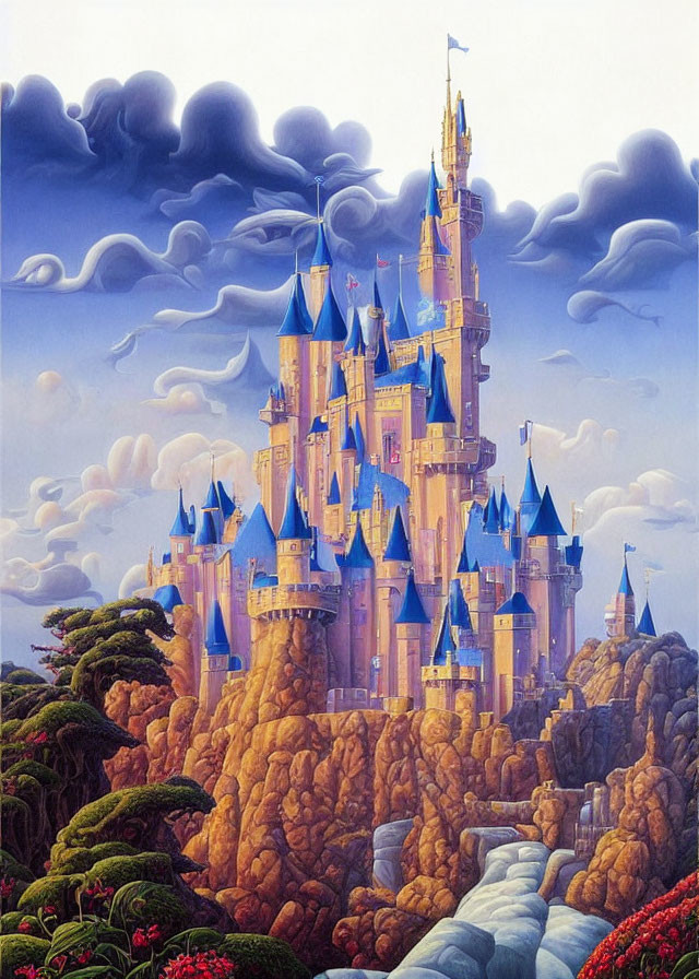 Fantastical castle with towering spires and blue rooftops on craggy cliff