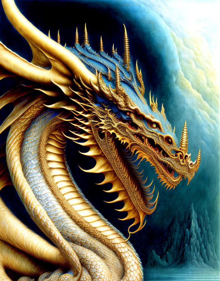 Golden multi-headed dragon with blue crests, planet and mountains in background