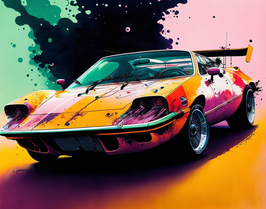 Colorful Classic Sports Car Illustration on Psychedelic Background