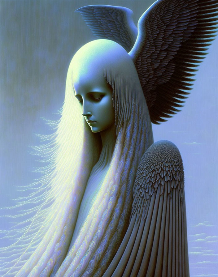 Angel with large dark wings, serene face, and flowing hair.