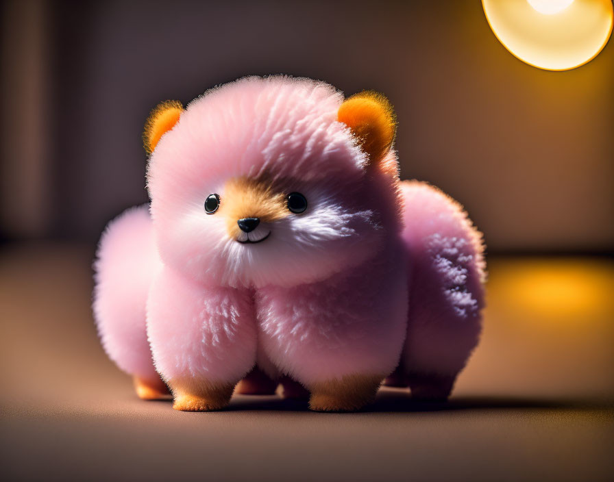 Fluffy Pink Toy Dog with Large Eyes and Small Ears under Warm Light