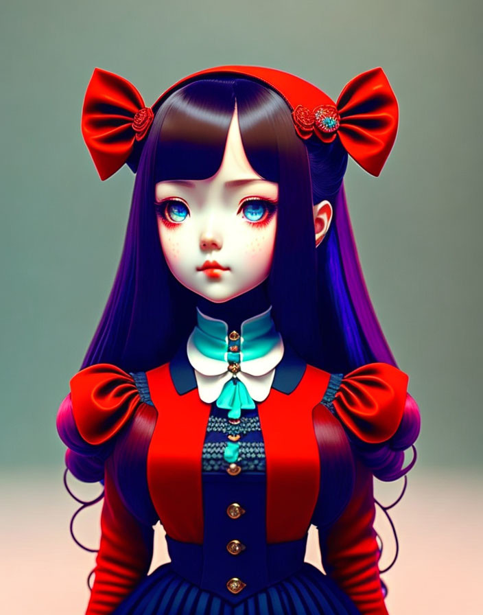 Illustrated girl with large eyes, purple hair, red bows, and blue-and-red dress on green