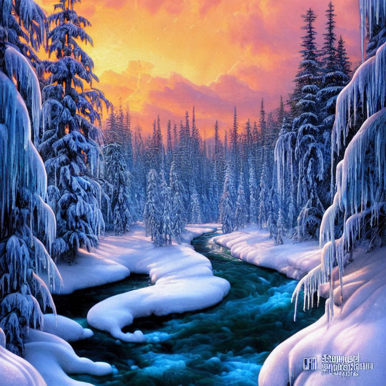 Snow-covered trees, flowing river, vibrant sunset - Tranquil Winter Scene