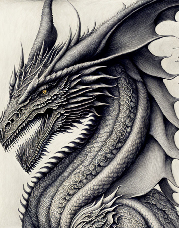 Intricate Dragon Drawing with Scales, Horns, and Majestic Wings