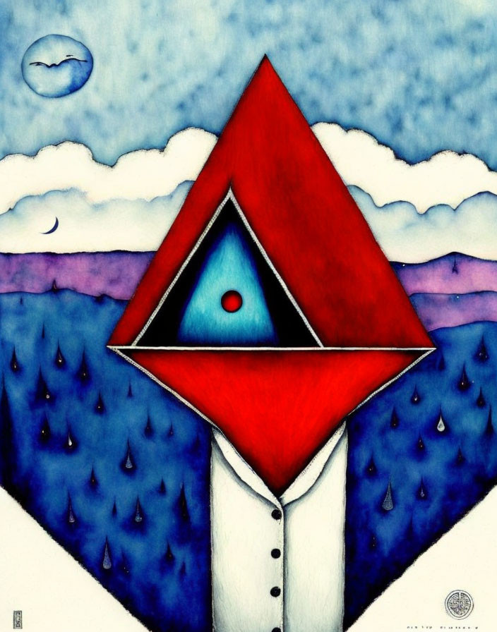 Surreal red triangle face with blue eye on neck under crescent moon