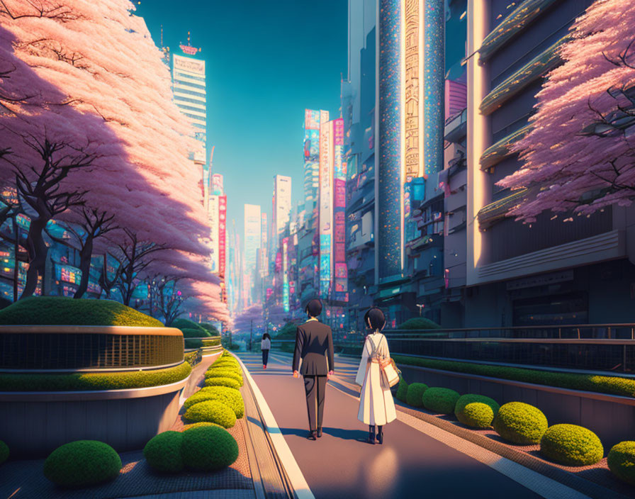 Futuristic cityscape with neon-lit buildings and cherry blossom trees.