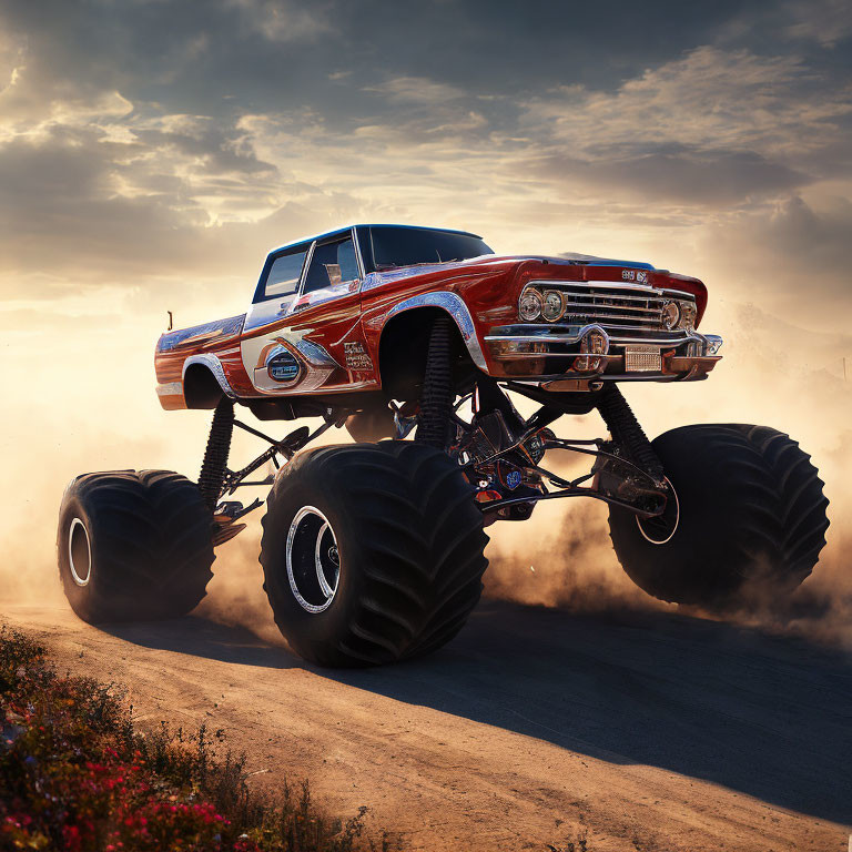 Vintage muscle car with monster truck wheels on dusty road at sunset