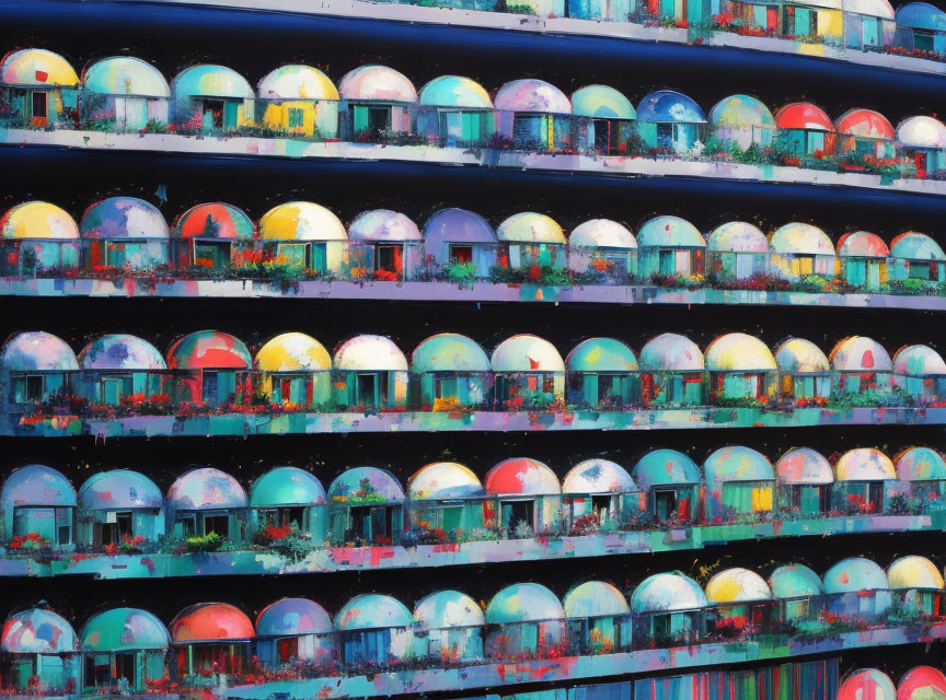 Vibrant spherical structures in rows showcasing colorful decay