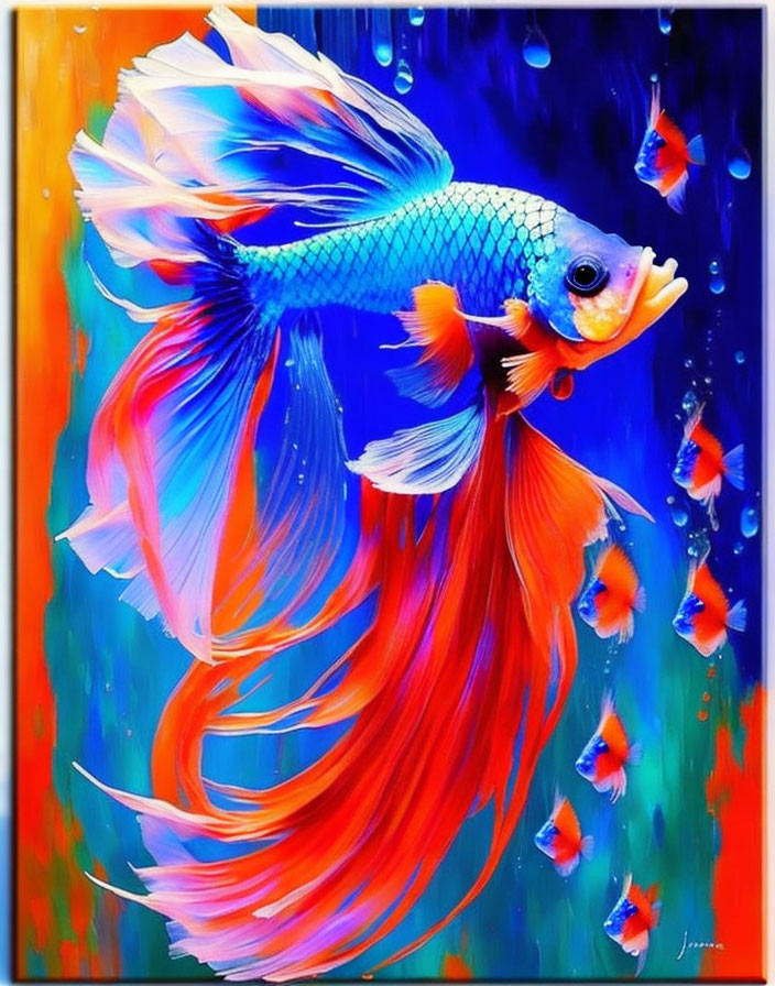 Colorful Painting of Blue and Orange Betta Fish on Vibrant Background