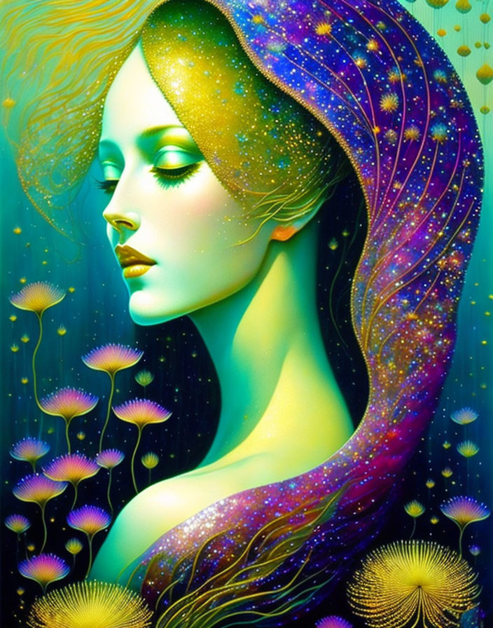 Vibrant woman with cosmic hair and luminous flora on green backdrop