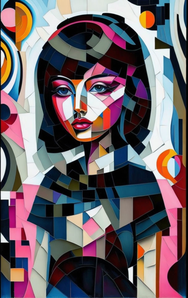 Vibrant Cubist-style Woman Portrait with Geometric Shapes