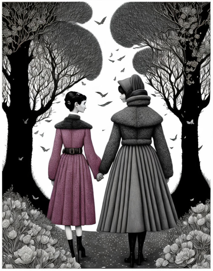 Two women in vintage coats under stylized tree with birds and foliage