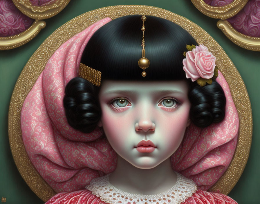 Surreal portrait of a girl with oversized headdress & expressive eyes