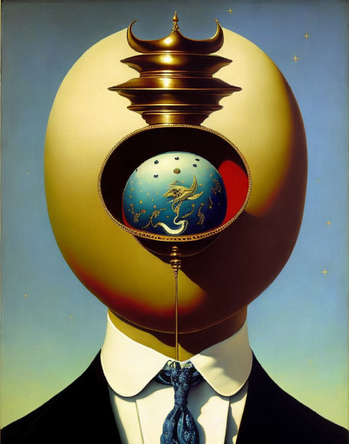 Surreal painting: Floating head, vessel globe, stars, ornate structure