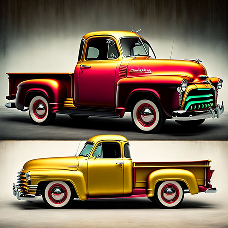 Vintage Red and Yellow Pickup Trucks with Stylized Paint and Chrome Details