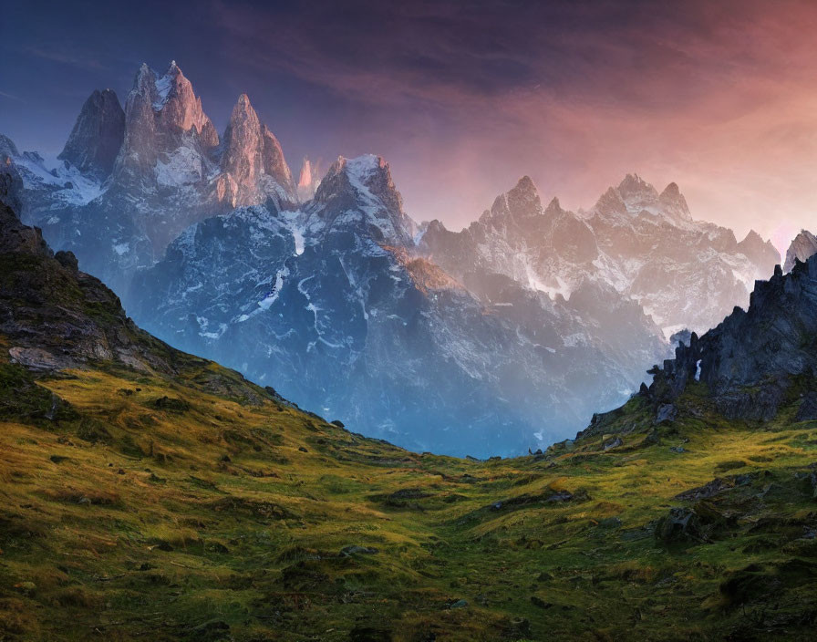 Majestic mountain peaks at sunrise with green slopes and vibrant sky